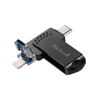 Richwell Flash Drive for Daily File Storage and Travel Use compact black multi-connector USB-C, Lightning and USB-A flash drive for photos and documents