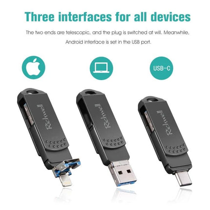 Richwell Flash Drive for Daily File Storage and Travel Use showing three interfaces (Lightning, USB-A, USB-C) for phone, laptop, and tablet