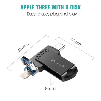 Richwell Flash Drive for Daily File Storage and Travel Use - compact black 3-in-1 USB, Lightning and USB-C plug-and-play drive (43x47x8mm)