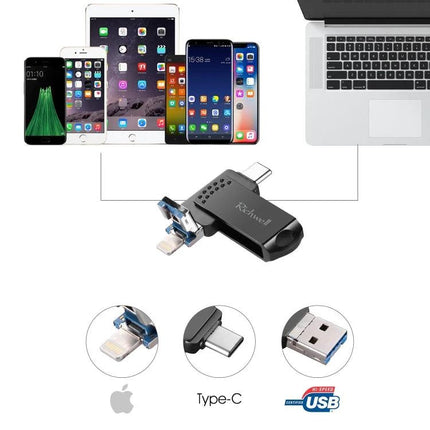 Richwell Flash Drive for Daily File Storage and Travel Use - multi-device USB, Lightning and Type-C backup for phones, tablets and laptops