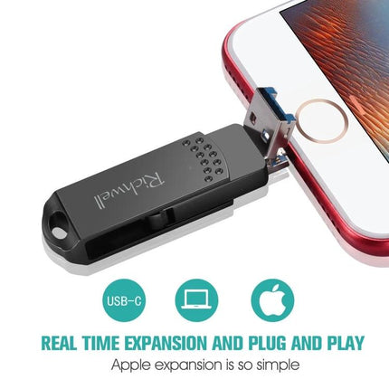 Richwell Flash Drive for Daily File Storage and Travel Use — black USB-C/USB-A plug-and-play drive connected to a smartphone for backups