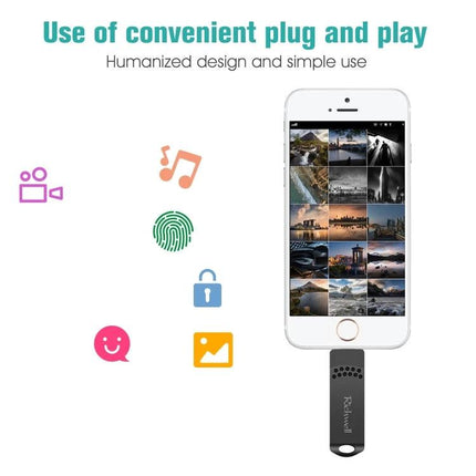 Richwell Flash Drive for Daily File Storage and Travel Use showing plug-and-play phone photo backup and file transfer