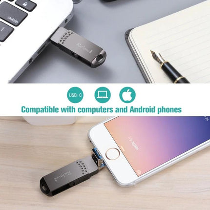 Richwell Flash Drive for Daily File Storage and Travel Use - compact USB drive plugged into laptop and phone for easy file transfer and backup