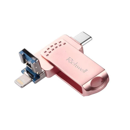 Richwell Flash Drive for Daily File Storage and Travel Use - rose gold multi-connector USB, USB-C and Lightning for phone laptop backups
