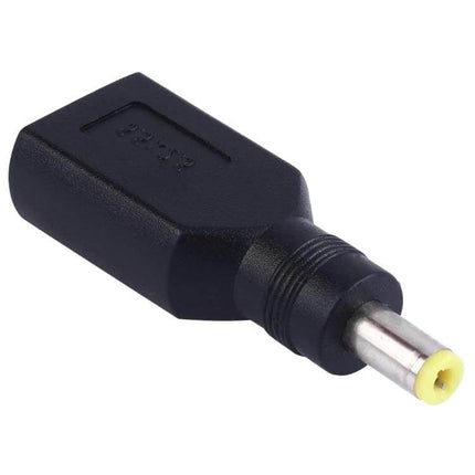 5.5 x 2.5mm Male to Big Square Female Laptop Power Adapter shown at angle, black plastic housing and silver yellow-tipped 5.5 x 2.5mm male plug