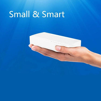 Tenda 8-Port Network Switch for Connecting Home Devices shown compact in a hand, small & smart white Ethernet switch