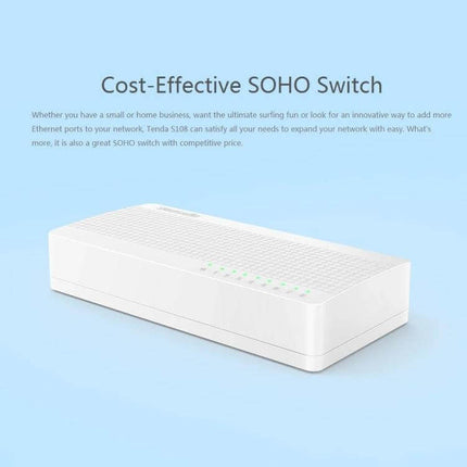 Tenda 8-Port Network Switch for Connecting Home Devices - compact white desktop SOHO switch with eight Ethernet ports and LED indicators