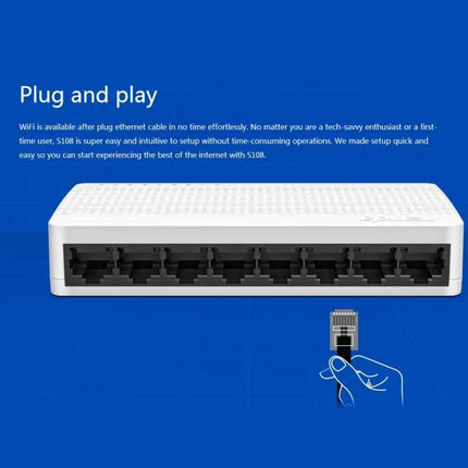 Tenda 8-Port Network Switch for Connecting Home Devices white 8-port Ethernet switch front view with RJ45 plug and ‘plug and play’ text