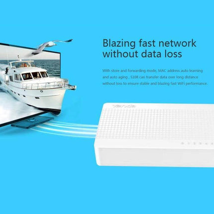 Tenda 8-Port Network Switch for Connecting Home Devices — white plug-and-play Ethernet switch with TV streaming and boat image on blue background