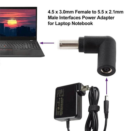 Laptop Power Adapter for Mismatched Connector Interfaces - 4.5x3.0mm female to 5.5x2.1mm male right-angle converter for laptop chargers