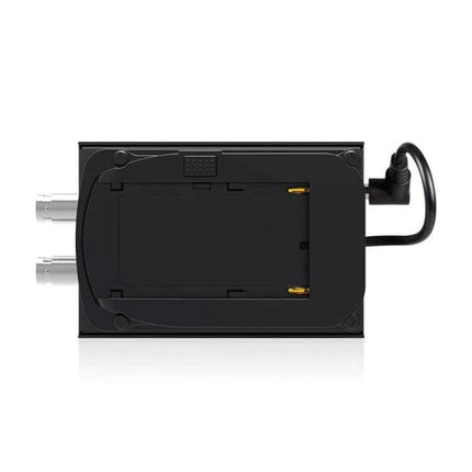 SEETEC HDMI to Dual SDI Output Converter for Video Use compact black converter with one HDMI input and two SDI outputs, battery plate and power cable