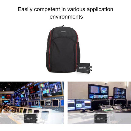 SEETEC HDMI to Dual SDI Output Converter for Video Use shown with backpack and broadcast control room setups
