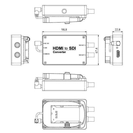 SEETEC HDMI to Dual SDI Output Converter for Video Use compact diagram showing HDMI input, two SDI outputs and dimensions