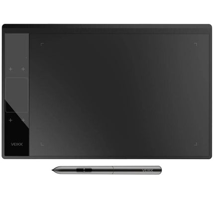 VEIKK 10x6 Inch Graphic Tablet for Digital Drawing showing black tablet with shortcut keys and stylus for precise sketching and image editing