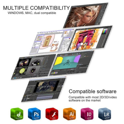 VEIKK 10x6 Inch Graphic Tablet for Digital Drawing showing multiple software compatibility icons and sample artwork