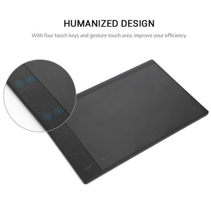 VEIKK 10x6 Inch Graphic Tablet for Digital Drawing showing tablet surface and four touch keys for improved efficiency