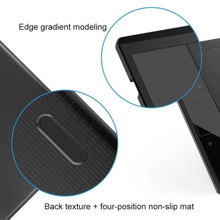 VEIKK 10x6 Inch Graphic Tablet for Digital Drawing showing edge gradient modeling and back texture with four-position non-slip mat