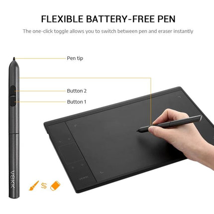 VEIKK 10x6 Inch Graphic Tablet for Digital Drawing showing battery-free pen, buttons, and hand sketching on tablet