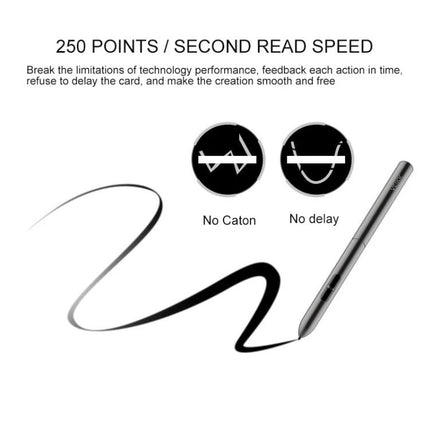VEIKK 10x6 Inch Graphic Tablet for Digital Drawing showing stylus, smooth black ink stroke, 250 points/sec read speed and no delay