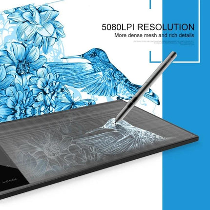 VEIKK 10x6 Inch Graphic Tablet for Digital Drawing showing stylus sketching blue hummingbird and floral artwork on tablet surface