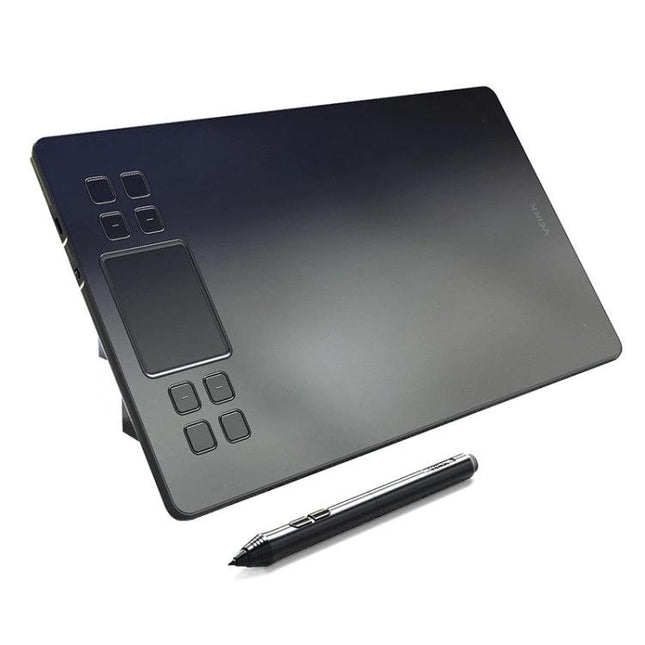 Veikk A50 10x6 Inch Graphic Tablet for Digital Drawing showing black tablet surface, shortcut keys, pen and touch-disable option