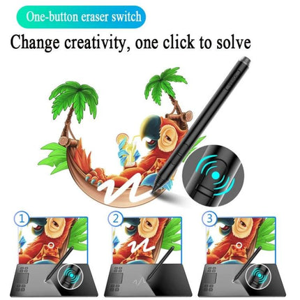 Veikk A50 10x6 Inch Graphic Tablet for Digital Drawing - stylus eraser switch illustration showing precise pen input and touch disable option