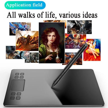 Veikk A50 10x6 Inch Graphic Tablet for Digital Drawing showing pen on tablet with sample digital artwork collage