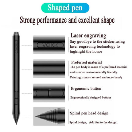 Veikk A50 10x6 Inch Graphic Tablet for Digital Drawing - black shaped pen close-up showing laser engraving, ergonomic buttons and spiral pen tip