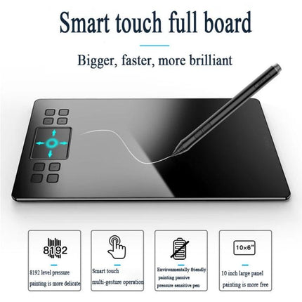 Veikk A50 10x6 Inch Graphic Tablet for Digital Drawing - sleek black tablet with pen, shortcut keys, touch controls and 10x6" drawing surface