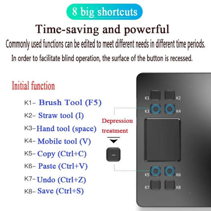 Veikk A50 10x6 Inch Graphic Tablet for Digital Drawing showing 8 customizable shortcut keys and touchpad for time-saving workflow
