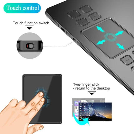 Veikk A50 10x6 Inch Graphic Tablet for Digital Drawing showing touch control area, touch function switch and two-finger click demo