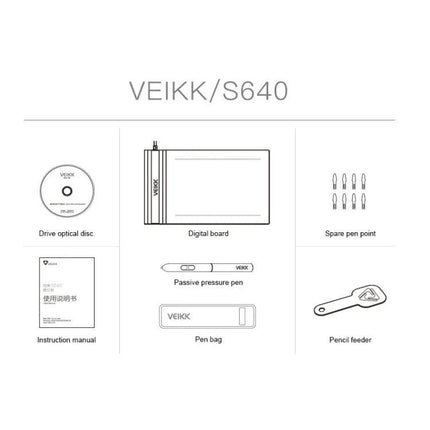 VEIKK S640 6x4 Inch Portable Graphic Drawing Tablet showing tablet, passive pen, spare nibs, pen bag, pencil feeder, driver disc and manual