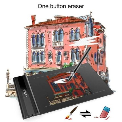 VEIKK S640 6x4 Inch Portable Graphic Drawing Tablet showing pen eraser use sketching a colorful building on tablet screen