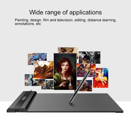 VEIKK S640 6x4 Inch Portable Graphic Drawing Tablet showing tablet, stylus, and sample artwork for painting, design and annotations