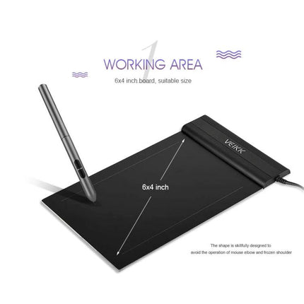 VEIKK S640 6x4 Inch Portable Graphic Drawing Tablet showing black 6x4 working area with stylus on tablet