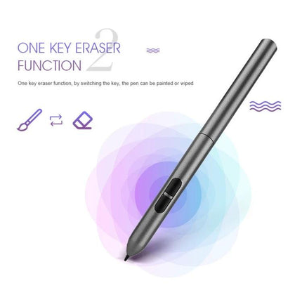VEIKK S640 6x4 Inch Portable Graphic Drawing Tablet pen showing one key eraser function with metallic stylus and purple-blue ripple background