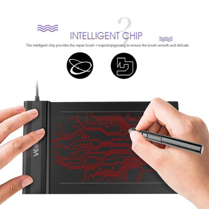 VEIKK S640 6x4 Inch Portable Graphic Drawing Tablet showing hands using pen on tablet with intelligent chip circuit design