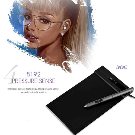 VEIKK S640 6x4 Inch Portable Graphic Drawing Tablet showing black tablet and stylus with 8192 pressure sensitivity and digital portrait artwork