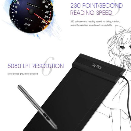 VEIKK S640 6x4 Inch Portable Graphic Drawing Tablet showing black tablet and stylus with 5080 LPI and 230 point/second text