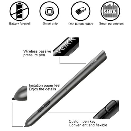VEIKK S640 6x4 Inch Portable Graphic Drawing Tablet - wireless passive pressure pen with custom pen key, one-button eraser and 8192 pressure levels