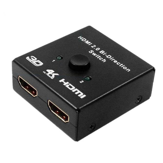BSY 4K HDMI Switcher for Connecting Two Devices to One Display - compact black 4K HDMI 2.0 bi-direction switch with button and dual HDMI ports