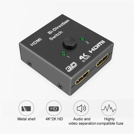 BSY 4K HDMI Switcher for Connecting Two Devices to One Display - compact 2-in-1 4Kx2K HDMI bi-direction switch with metal shell and LED indicators