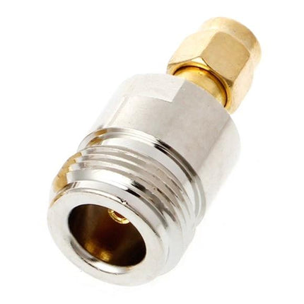 Two Pack SMA Male to N Female Coaxial Connectors for Radio Frequency Applications - gold plated alloy adapter showing SMA male to N female 50Ω