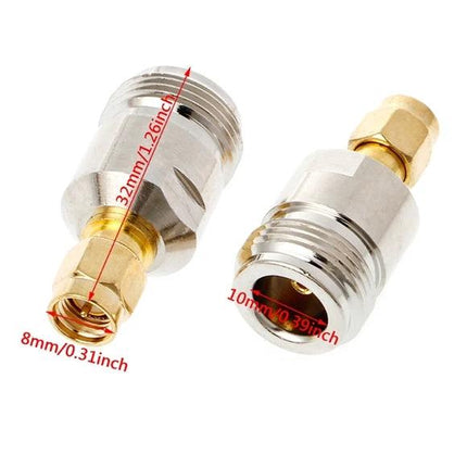 Two Pack SMA Male to N Female Coaxial Connectors for Radio Frequency Applications - gold-plated alloy 50Ω adapters shown