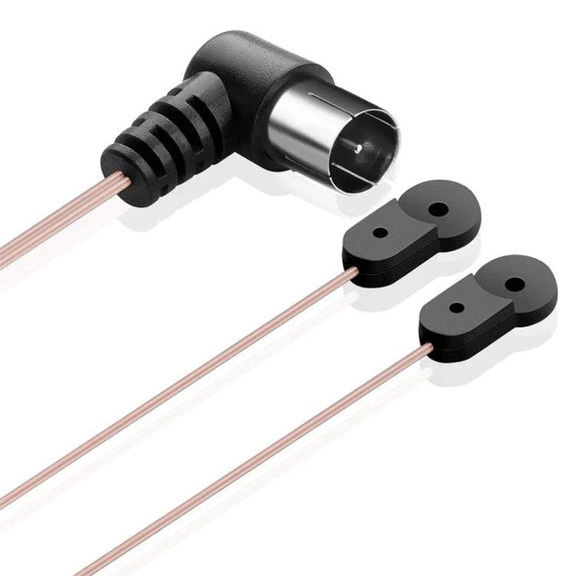 2-Meter FM Dipole Antenna for Improved Radio Reception — compact FM dipole with right-angle coax connector and twin adhesive-mount copper wires