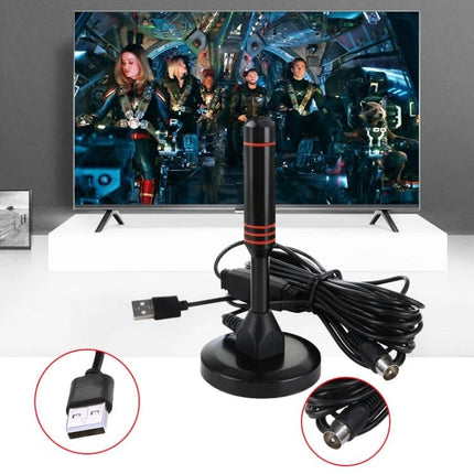Portable High-Gain TV Antenna for Digital Signal Reception USB desktop antenna with magnetic base and coax cable in front of a TV