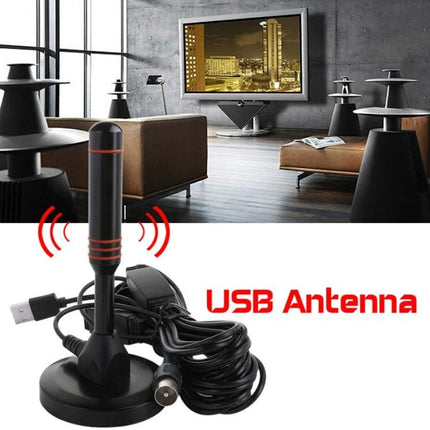 Portable High-Gain TV Antenna for Digital Signal Reception compact USB antenna on living room TV stand enhancing weak indoor signals