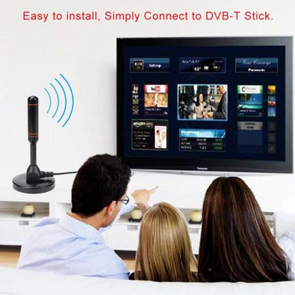 Portable High-Gain TV Antenna for Digital Signal Reception showing family watching TV with USB-connected antenna boosting reception