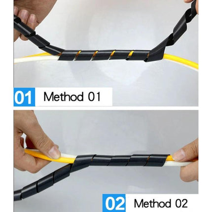 9 Meter PE Spiral Tube for Wire Organization, 10mm Diameter - black spiral wrap bundling two cables using Method 01 and Method 02