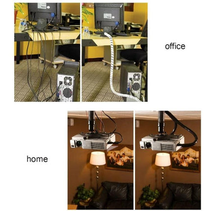 9 Meter PE Spiral Tube for Wire Organization, 10mm Diameter showing before-and-after office and home cable management